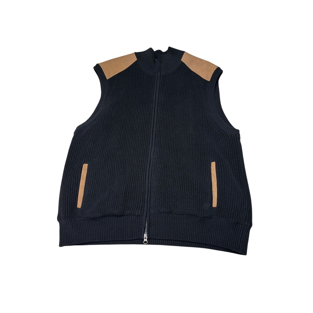 Orvis Mens XL Full Zip Ribbed Cotton Sweater Vest Navy Blue Suede Trim Mock Neck
